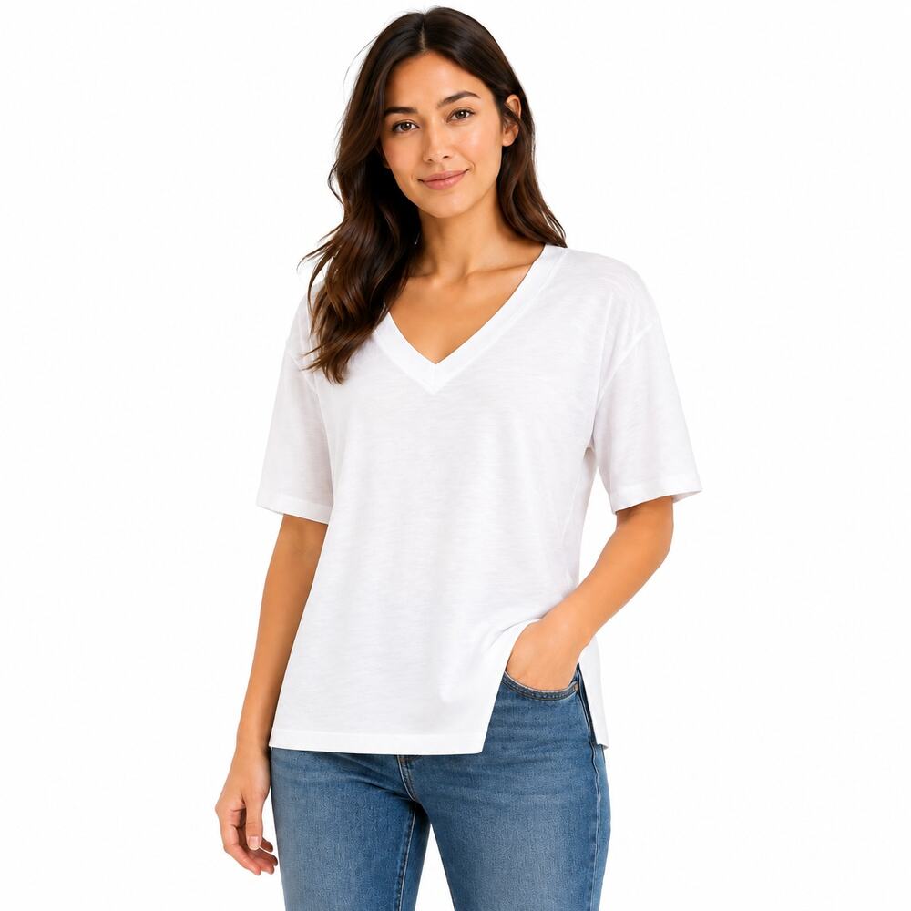 Martha Stewart Luxe Cotton V-Neck Short Sleeve Top with Side Slits White Size XS